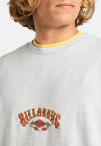 Sudadera gris claro con cuello acanalado que presenta el logotipo bordado "Billabong" en rojo y amarillo, y acentos florales en la parte delantera.