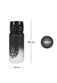 Borraccia in acciaio inossidabile, nera con sfumature bianche, presenta una grafica di un lupo. Dimensioni: altezza 180mm, diametro 65mm, capacità 350ml.