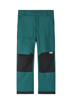 Pantaloni da lavoro verdi con rinforzi neri sulle ginocchia, tasche frontali, passanti per cintura e chiusura con bottone.