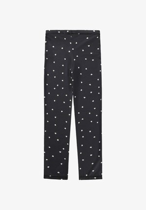 Sorte leggings med små hvide hjerteprints jævnt fordelt over stoffet, med lige ben og elastisk taljebånd.
