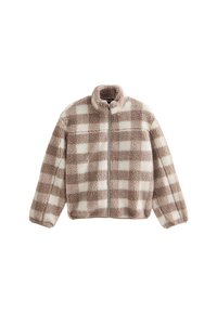 Fleece zip-up jacka med ett brunt och krämfärgat rutmönster, hög krage och mjukt, texturerat tyg.
