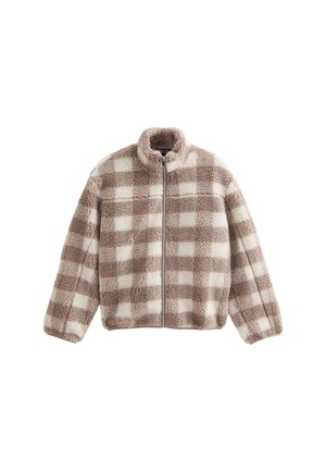 Fleece zip-up jas met een bruin en crème geblokt patroon, hoge kraag en zachte, textuurrijke stof.