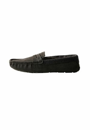 Black suede loafer with a stitched upper, fleece-lined interior, and textured trim around the ankle, shown from the side.