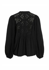 Blusa nera con tessuto testurizzato, maniche lunghe a sbuffo e una schiena ricamata dettagliata con un motivo a intaglio.