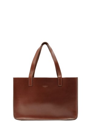 Brown leather tote bag with a smooth finish, rectangular shape, and sturdy shoulder handles. Features a subtle embossed logo on the front.