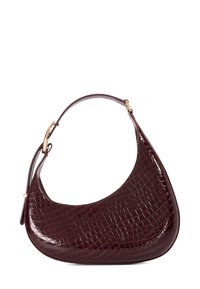 Maroon handbag with a glossy crocodile texture, curved shape, and a single shoulder strap with a gold hardware accent.