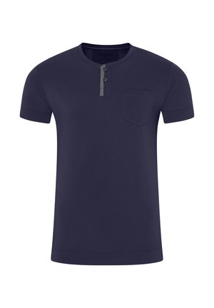 Navy blue short-sleeve henley shirt made of cotton, featuring a three-button placket and a chest pocket with a subtle texture.