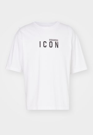White t-shirt made of cotton featuring a crew neckline and short sleeves, with a black "ICON" graphic and "DSQUARED2" text printed on the front.