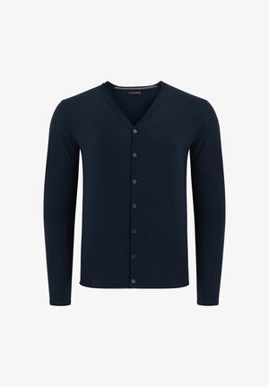 Granatowy dzianinowy kardigan z dekoltem w serek, długimi rękawami i zapięciem na guziki z przodu. Miękka tekstura i prosty design.