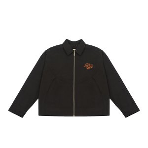 Black jacket with a pointed collar, front zipper closure, and embroidered orange logo. Smooth fabric with a cropped design and long sleeves.