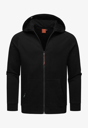 Felpa zip con cappuccio nera, maniche lunghe, due tasche frontali e polsini a coste. Caratterizzata da un'etichetta del marchio discreta e una texture liscia.