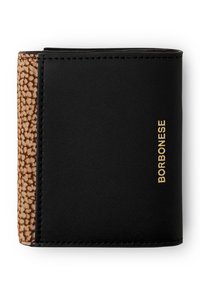 Schwarze und braune, strukturierte Lederbörse mit genähten Kanten und goldfarbigem "BORBONESE"-Logo auf der Vorderseite.