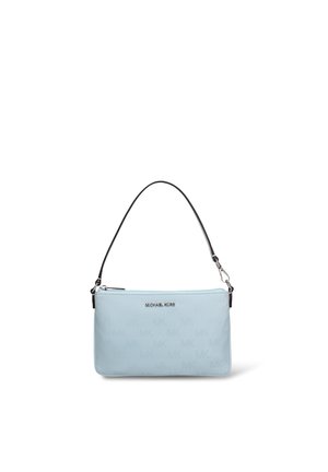 Portamonete Michael Kors azzurro chiaro con cinturino nero e cerniera argentata, con loghi in rilievo sottili sul tessuto.