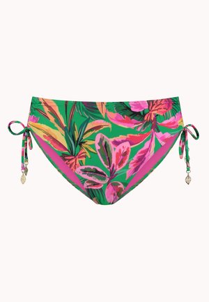 Grüner Bikinihose mit tropischem Blattmuster in Pink, Orange und Gelb, mit seitlichen Bindebändern und kleinen goldenen Blattanhängern.