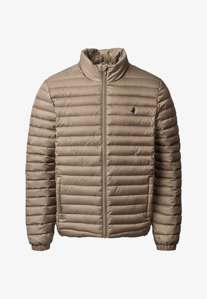 Helepruun tikitud pusakangaga jope esiosa tõmbluku, kõrge krae, elastsete varrukasäärte, küljetaskute ja väikese musta logoga vasakul rinnal.