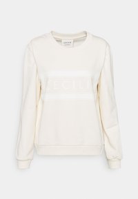 Krämfärgad sweatshirt med långa ärmar, rund hals, texturerad horisontell rand och präglat varumärke "Cecil" på framsidan.