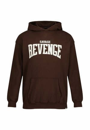 Bruine hoodie met een voorzak; "SAVAGE" in het wit boven "REVENGE" gedrukt in vette letters. Zachte stof en geribbelde manchetten.