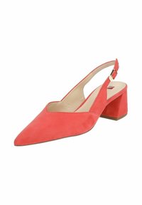 Zapato slingback de ante coral con punta afilada, tacón bloque grueso y correa ajustable. Interior suave con un diseño minimalista.