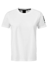 Witte T-shirt met korte mouwen, gemaakt van een gladde stof, met een ronde hals, normale pasvorm en een logo-accent op de linker mouw.