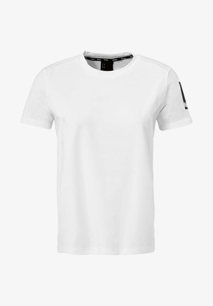 Witte T-shirt met korte mouwen, gemaakt van een gladde stof, met een ronde hals, normale pasvorm en een logo-accent op de linker mouw.