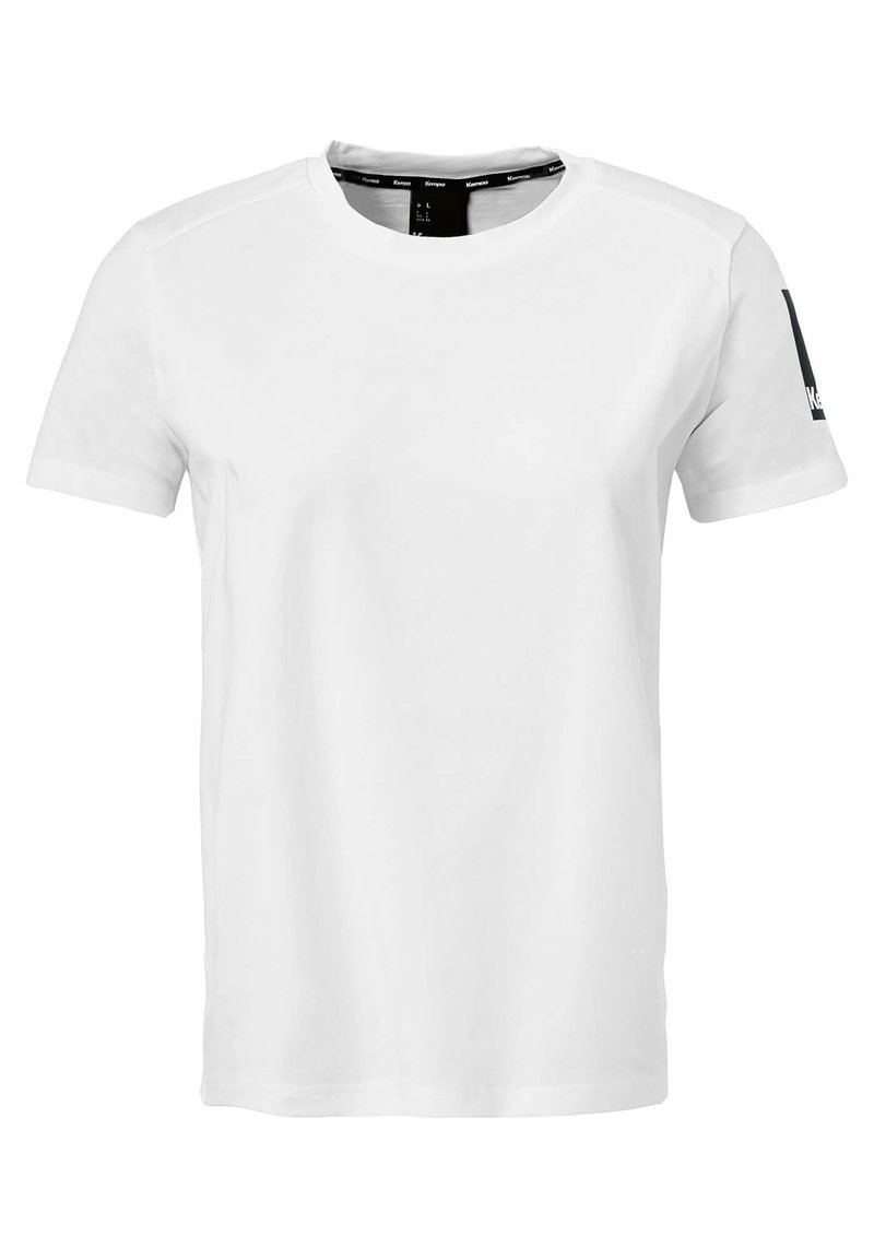 Witte T-shirt met korte mouwen, gemaakt van een gladde stof, met een ronde hals, normale pasvorm en een logo-accent op de linker mouw.