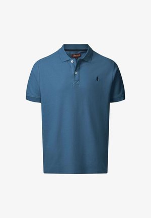Polo bleu à manches courtes avec col, deux boutons sur le devant et petit logo brodé sur le côté gauche de la poitrine.