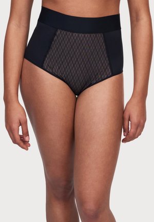 Hochgeschnittene schwarze Unterhose mit einem durchsichtigen Netzpaneel im Diamantmuster, glattem Stoff und elastischem Bund für zusätzlichen Komfort.