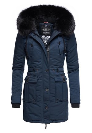 Parka bleu marin cu glugă din blană sintetica, textură matlasată, închidere cu nasturi frontală, multiple buzunare și model contrastant al căptușelii interioare.