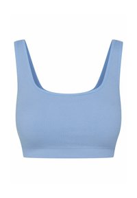 Jasnoniebieski prążkowany biustonosz braletka z kwadratowym dekoltem i szerokimi ramiączkami. Bezszwowe krawędzie oraz elastyczny materiał zapewniający komfort i swobodę ruchów.