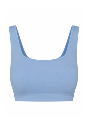 Helleblaue gerippte Bralette mit quadratischem Ausschnitt und breiten Trägern. Nahtlose Kanten und dehnbarer Stoff für Komfort und Bewegungsfreiheit.