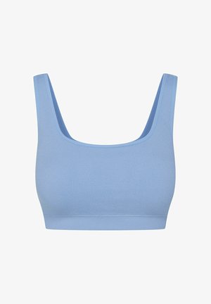 Helleblaue gerippte Bralette mit quadratischem Ausschnitt und breiten Trägern. Nahtlose Kanten und dehnbarer Stoff für Komfort und Bewegungsfreiheit.