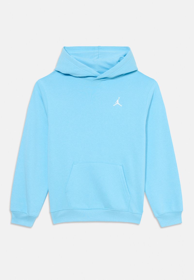 Haut de survêtement bleu clair en tissu doux, doté d'une poche kangourou et d'un logo blanc sur la poitrine. Capuche avec cordon de serrage.