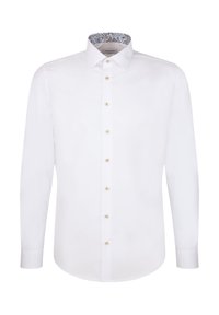 Witte overhemd met lange mouwen, gouden knopen en een kraagvoering in blauw paisleypatroon. Gladde textuur en getailleerde pasvorm.