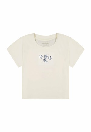 Top corto de manga corta en color crema con dibujos en línea azul marino de una estrella, una bota vaquera y una herradura centrados en el pecho.