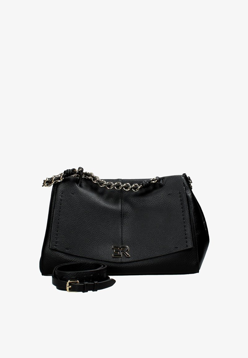 Borsa a tracolla nera in pelle con finitura testurizzata, una tracolla a catena e una tracolla in pelle removibile. Presenta un logo impresso sul davanti.