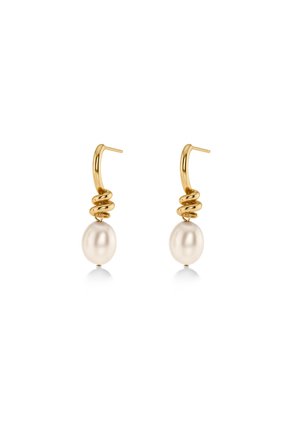 Gold hoop earrings with twisted loop detail, each featuring a single white oval pearl dangling below.