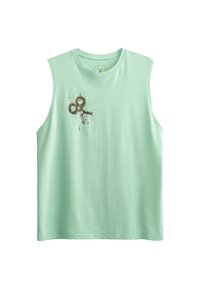 Top sans manches vert menthe en coton doux, avec un graphique de ciseaux et des détails décoratifs sur le devant.