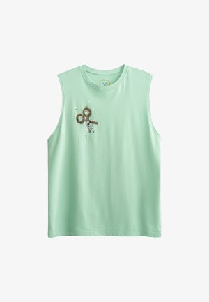 Mintgroene mouwloze top van zacht katoen, met een schaarafbeelding en decoratieve details aan de voorkant.