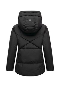 Black puffer jacket featuring a hood, diamond quilted design, and textured fabric. Visible logo patch on the left sleeve.