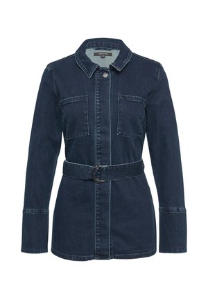 Dunkelblaue Jeansjacke mit Kragen, zwei Brusttaschen, taillierter Taille mit einem Gürtel und Kontrastnähten. Lange Ärmel mit geknöpften Manschetten.