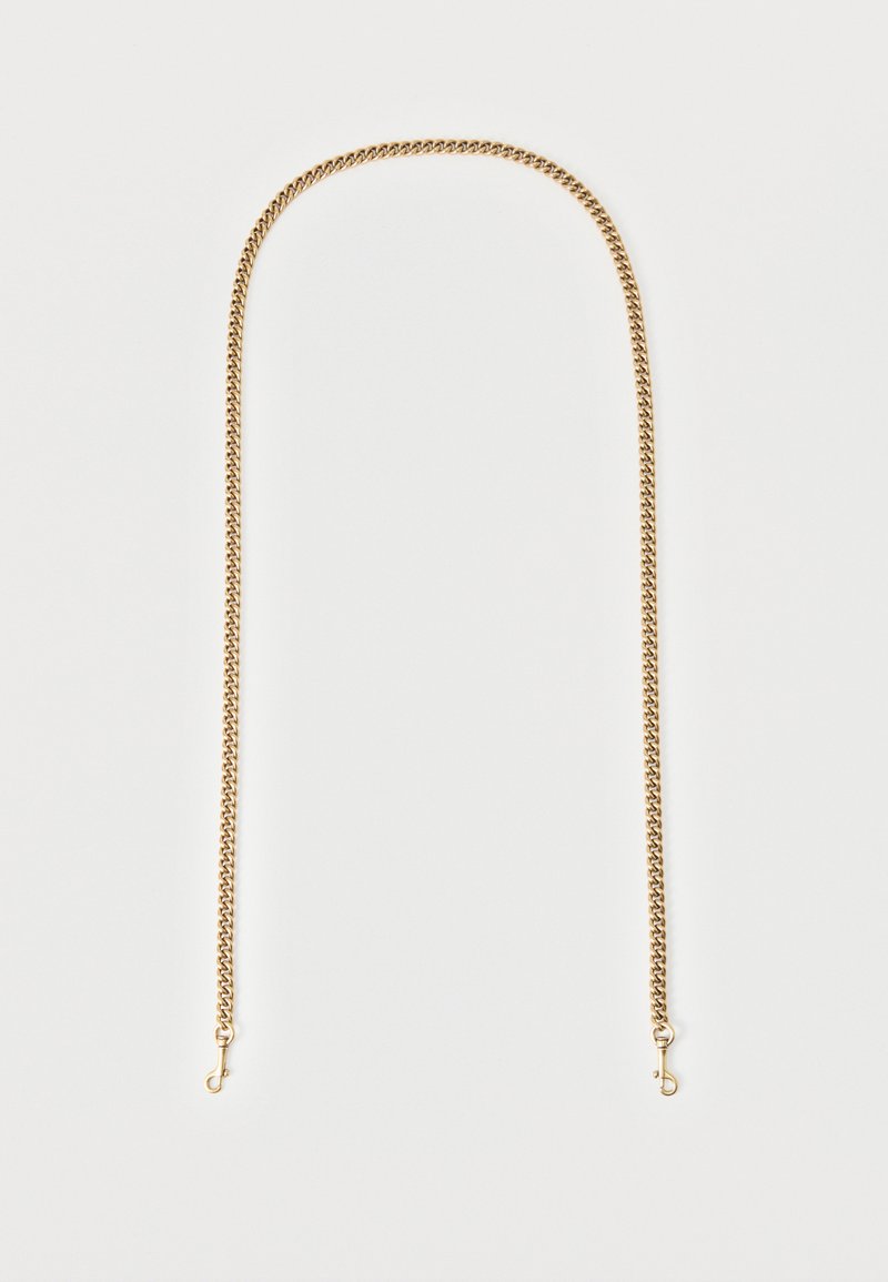 Αλυσίδα από μέταλλο σε χρυσό χρώμα με διασυνδεδεμένους κρίκους, που διαθέτει μικρούς γάντζους σε σχήμα αστακού και στις δύο άκρες, τοποθετημένη σε λευκό φόντο.