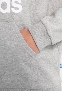 Šedá mikina s texturovaným povrchem, s přední kapsou a žebrovanými manžetami. Velké bílé logo na hrudi. Modrý štítek na lemu.