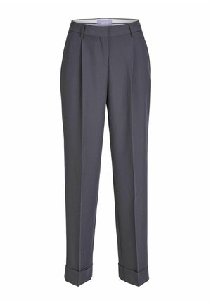 Dark gray tailored trousers with a straight-leg design, pleated front, and turn-up cuffs. Made from smooth fabric, featuring a classic waistband.
