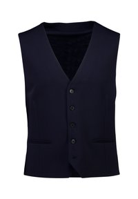 Granatowa kamizelka z dekoltem w serek, sześcioma guzikami, dwoma przednimi kieszeniami i dopasowanym krojem. Wykonana z gładkiej tkaniny o matowej fakturze.