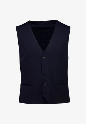 Granatowa kamizelka z dekoltem w serek, sześcioma guzikami, dwoma przednimi kieszeniami i dopasowanym krojem. Wykonana z gładkiej tkaniny o matowej fakturze.