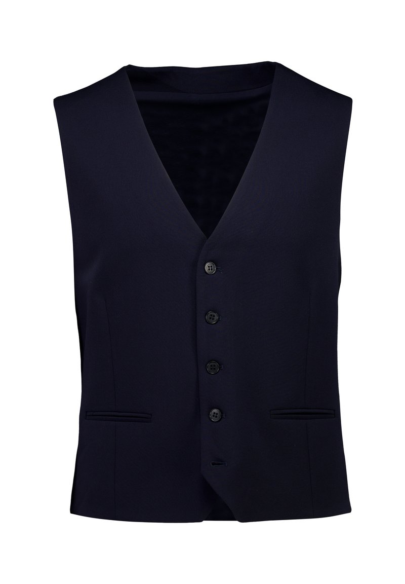 Granatowa kamizelka z dekoltem w serek, sześcioma guzikami, dwoma przednimi kieszeniami i dopasowanym krojem. Wykonana z gładkiej tkaniny o matowej fakturze.