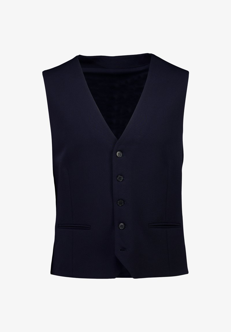 Granatowa kamizelka z dekoltem w serek, sześcioma guzikami, dwoma przednimi kieszeniami i dopasowanym krojem. Wykonana z gładkiej tkaniny o matowej fakturze.