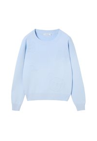 Pull bleu clair, encolure ronde, poignets et ourlet côtelés, avec un motif texturé d'ours et un logo en relief subtil. Matière en maille douce.