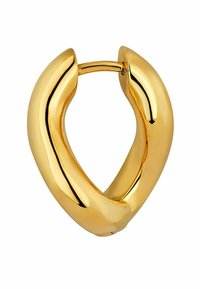 Aro de oro con un diseño liso y curvado; cuenta con un conector sin costuras y una superficie reflectante para un acabado pulido.