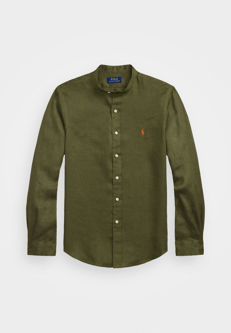Olive green long-sleeve shirt made of linen blend. Features a button-down collar, front placket with button closures, and embroidered logo.